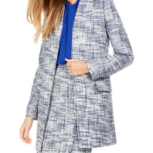 Calvin Klein Jackets & Blazers - Calvin Klein Tweed Collarless Topper Open Front Jacket & Skirt Set Blue Size 12